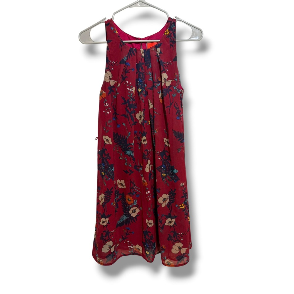 ModCloth Dress Womens S Red Floral Chiffon Sleeveless Pleated Boho Mini Dress